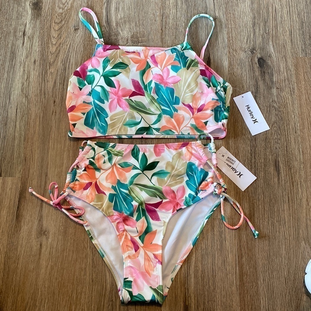 Hurley Floral High-Waist Bikini Set in Pink, Green, Teal
